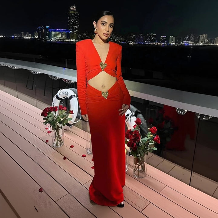 Red reign metal heart long dress for women, bold statement maxi dress with metallic detail for evening and party styling
