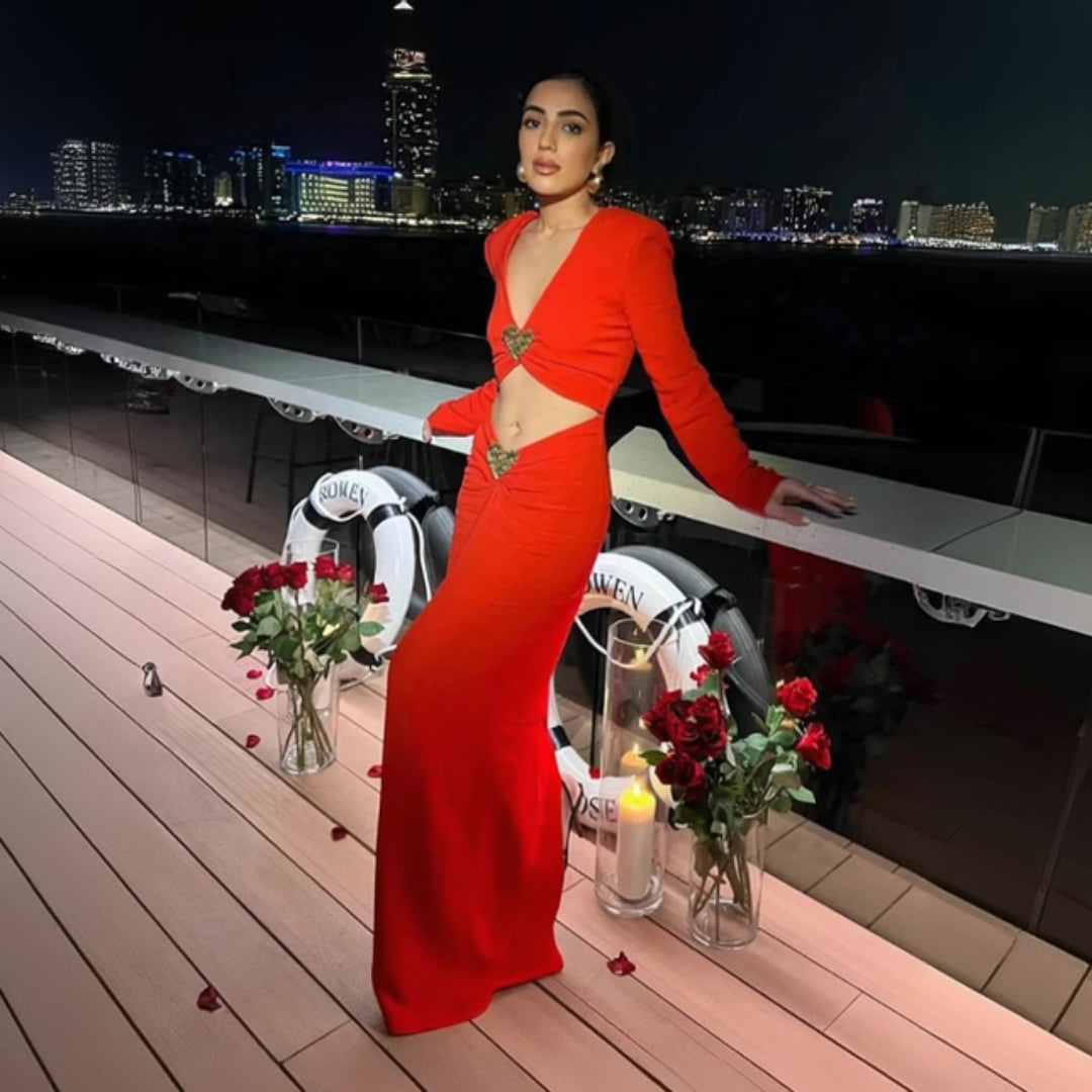 Red reign metal heart long dress for women, bold statement maxi dress with metallic detail for evening and party styling