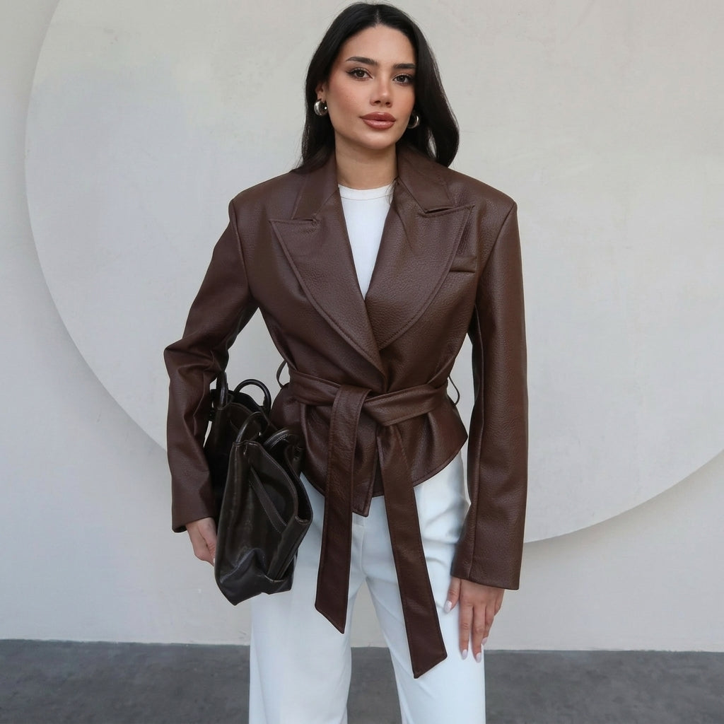 Belted Faux Leather Wrap Jacket