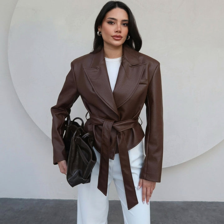 Belted Faux Leather Wrap Jacket