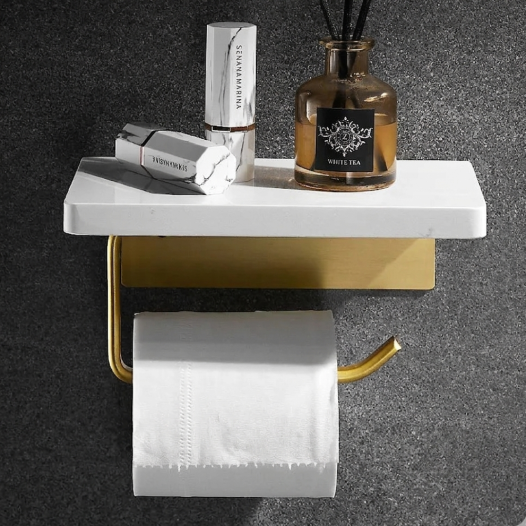 Sculpted marble toilet paper holder, modern bathroom accessory with elegant marble design