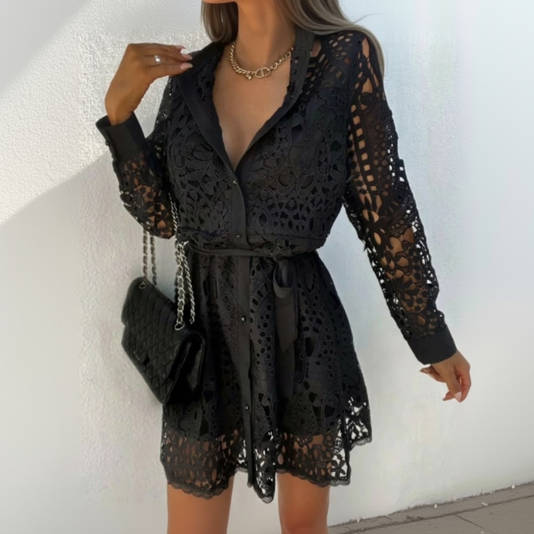 Siren power lace shirt mini dress for women, sheer lace button-up mini dress for bold summer styling