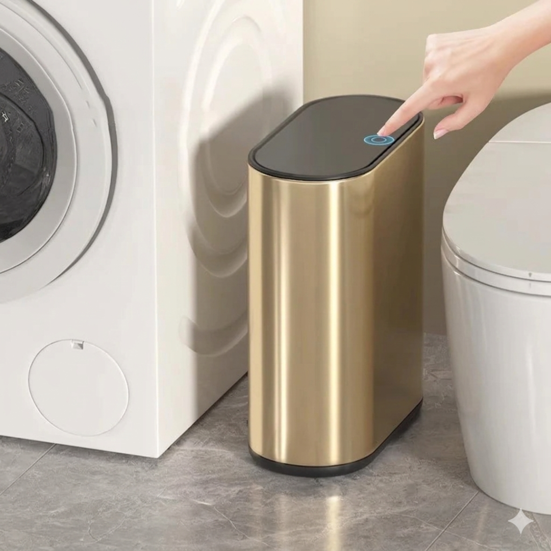 Sleek guard narrow trash bin, slim space-saving garbage bin for bathroom, kitchen, or small spaces