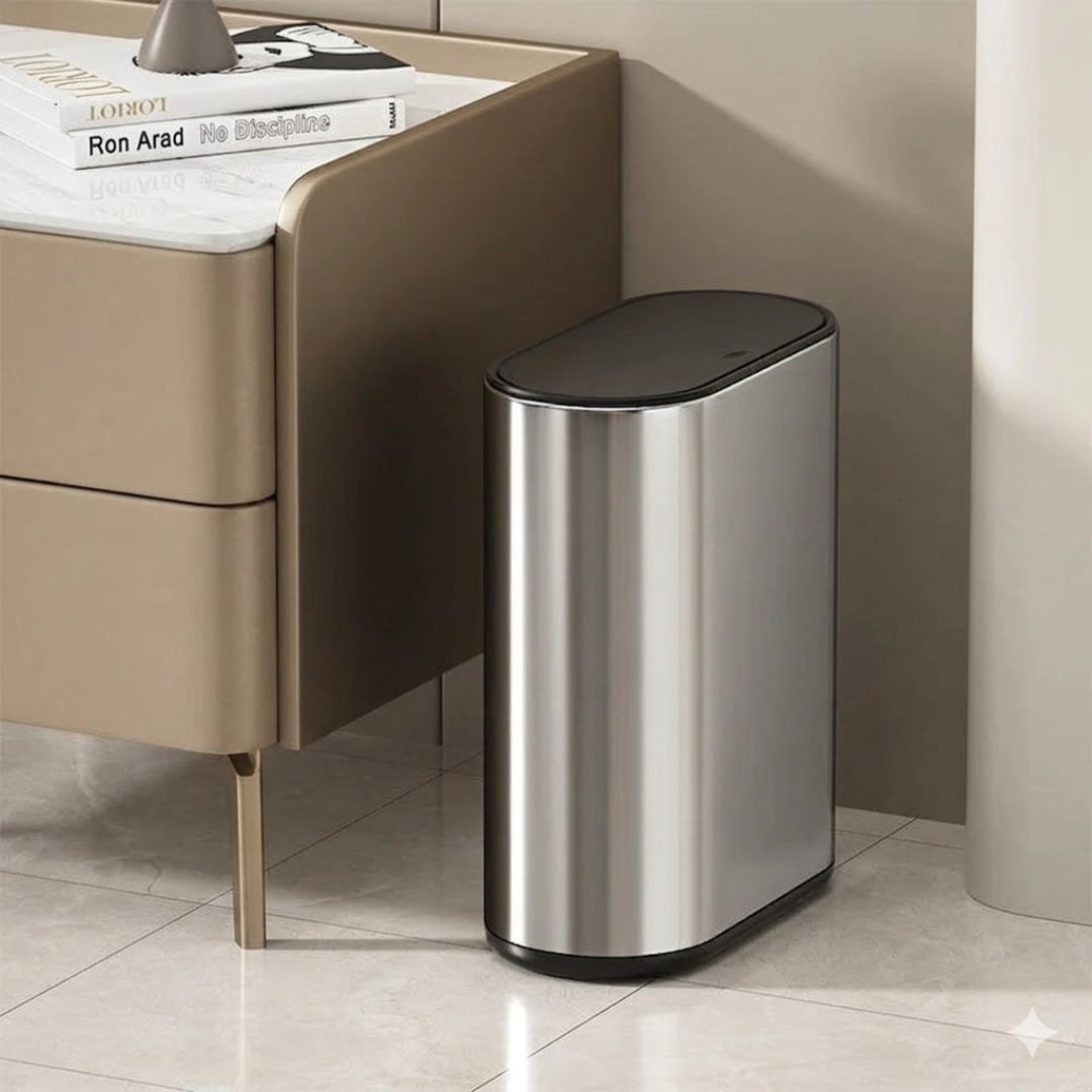 Sleek guard narrow trash bin, slim space-saving garbage bin for bathroom, kitchen, or small spaces