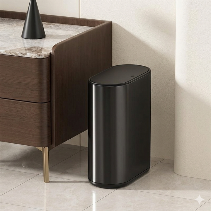 Sleek guard narrow trash bin, slim space-saving garbage bin for bathroom, kitchen, or small spaces