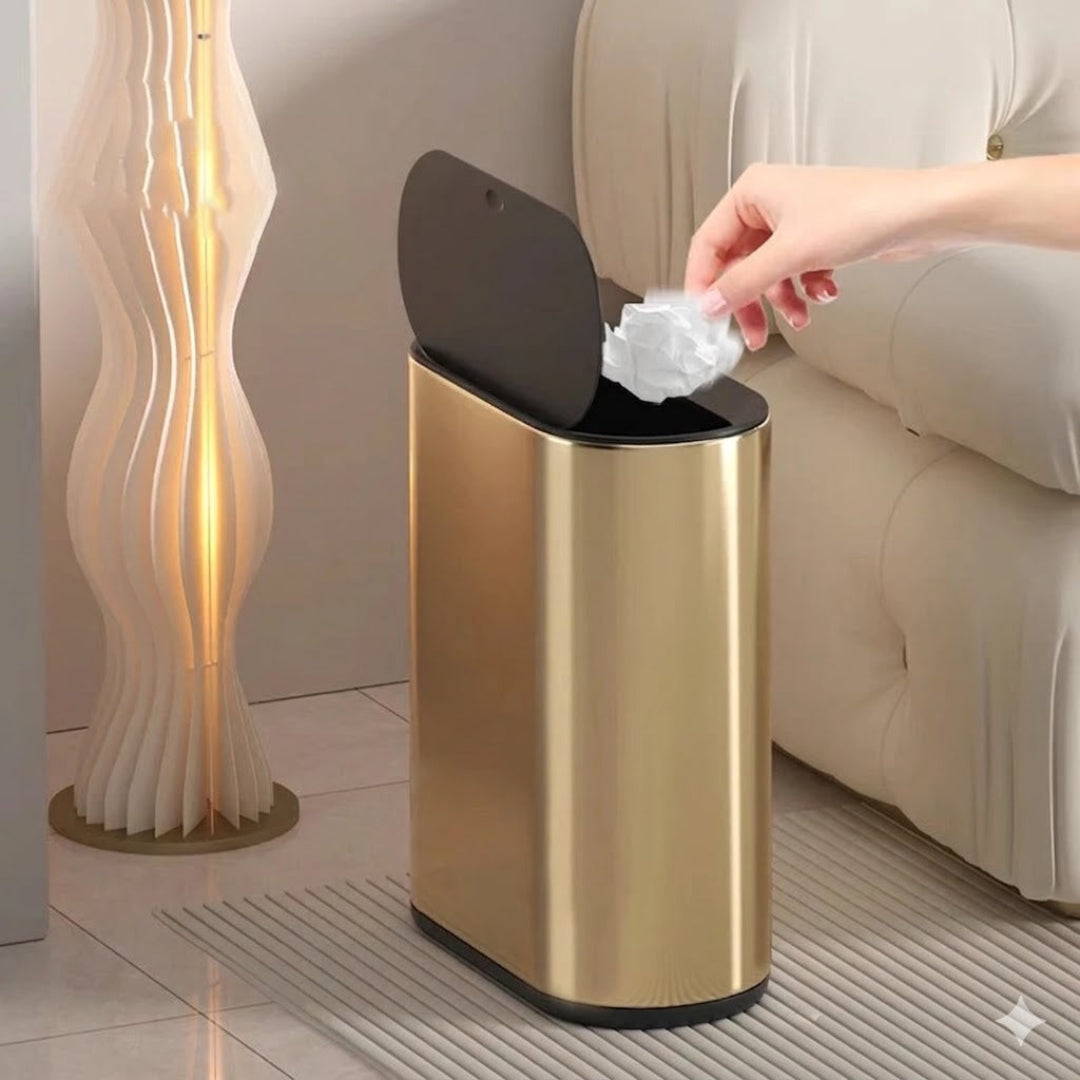 Sleek guard narrow trash bin, slim space-saving garbage bin for bathroom, kitchen, or small spaces
