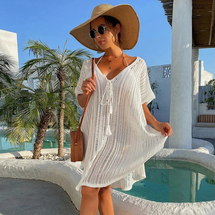 Solstice rope-tie knit beach cover-up for women, boho open-knit swimwear cover-up for beach and resort wear