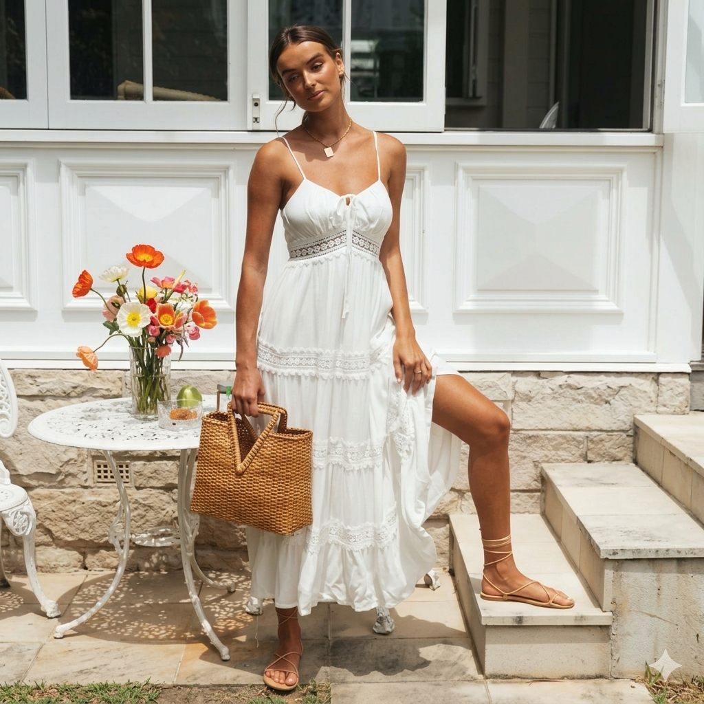 Sunlit flowing boho dress for women, lightweight bohemian summer dress for beach and vacation styling