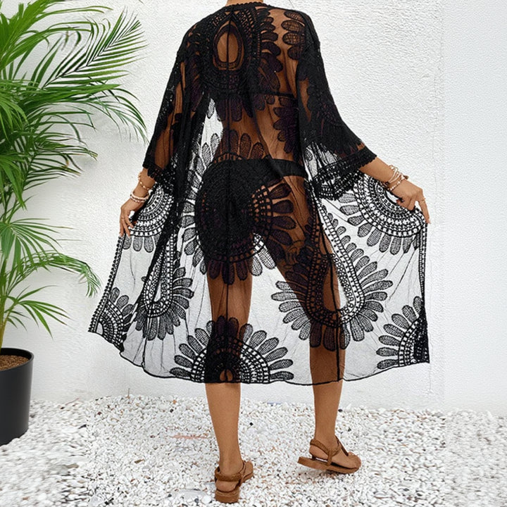 Wild bloom floral-embroidered kimono dress for women, elegant sheer beach kimono cover-up with floral embroidery