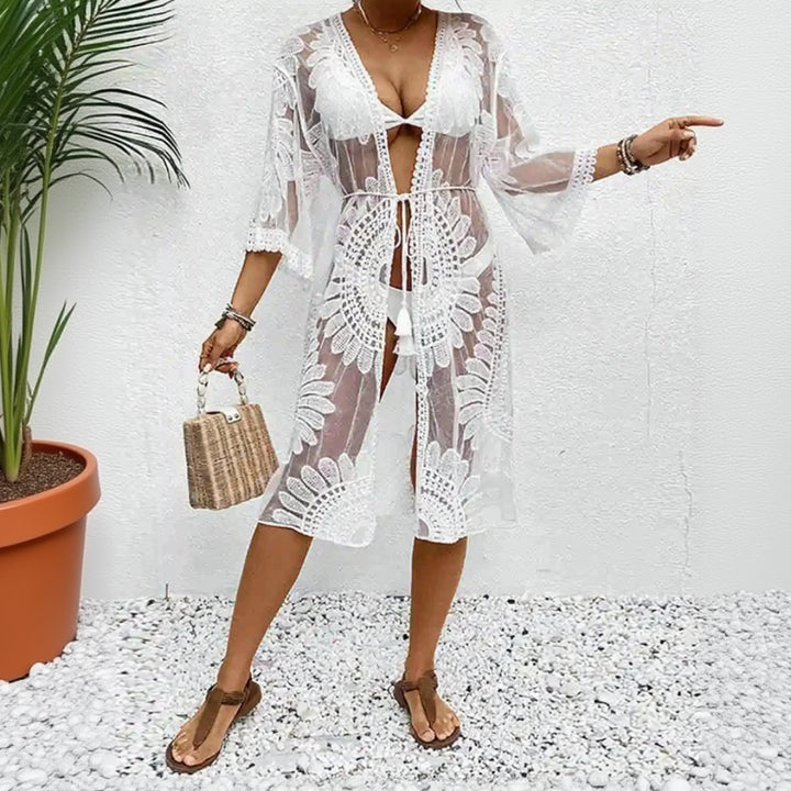 Wild bloom floral-embroidered kimono dress for women, elegant sheer beach kimono cover-up with floral embroidery